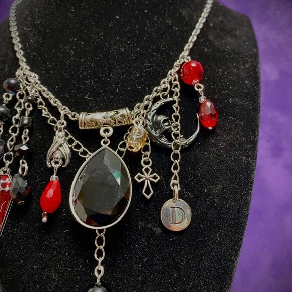 Goth Girl Trendy Charm Necklace Pagan--Witchy Vibes--Silver Bat Red Coffin - Picture 2 of 6